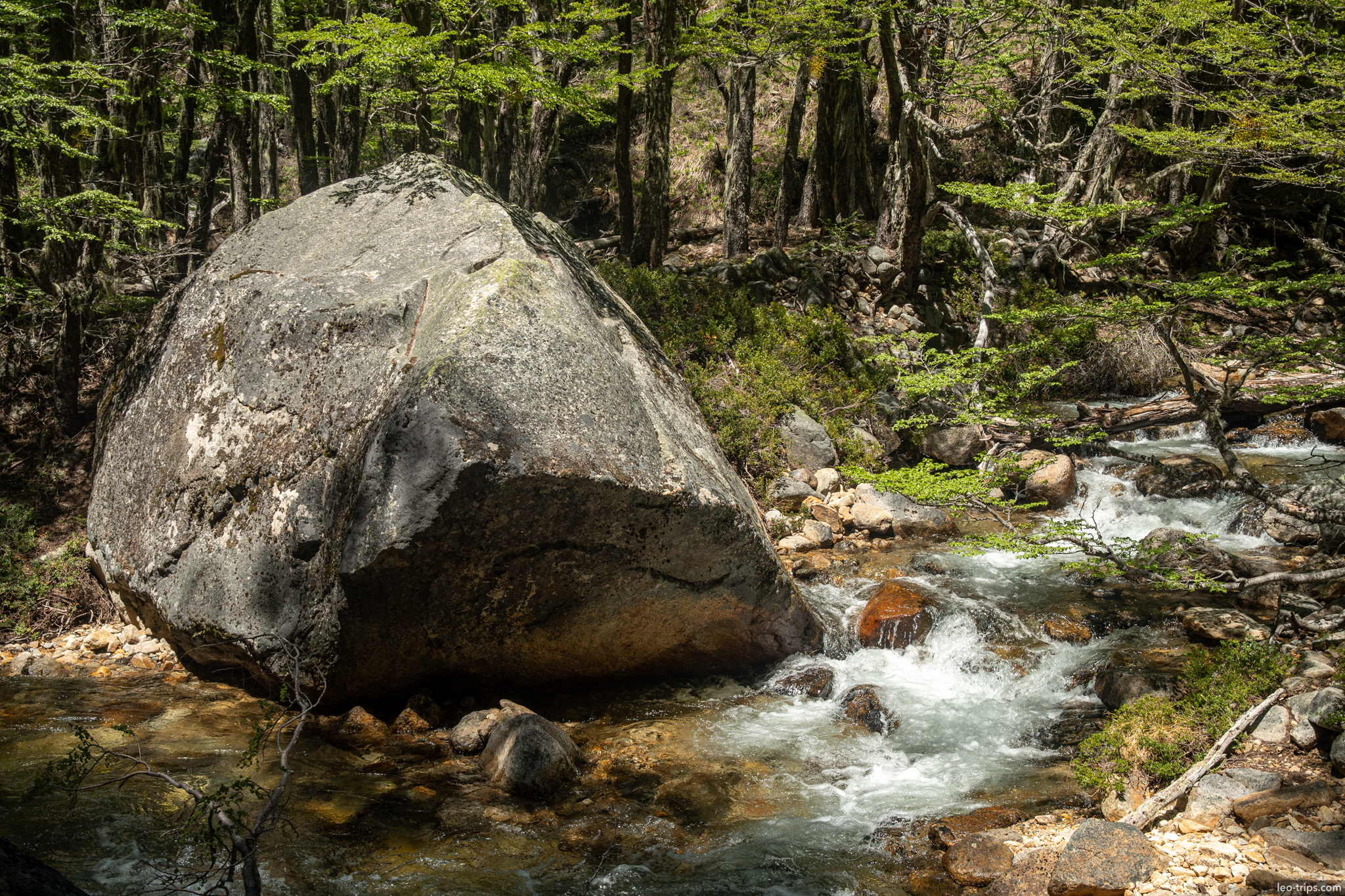 large boulder beside mountain stream frey refuge trail