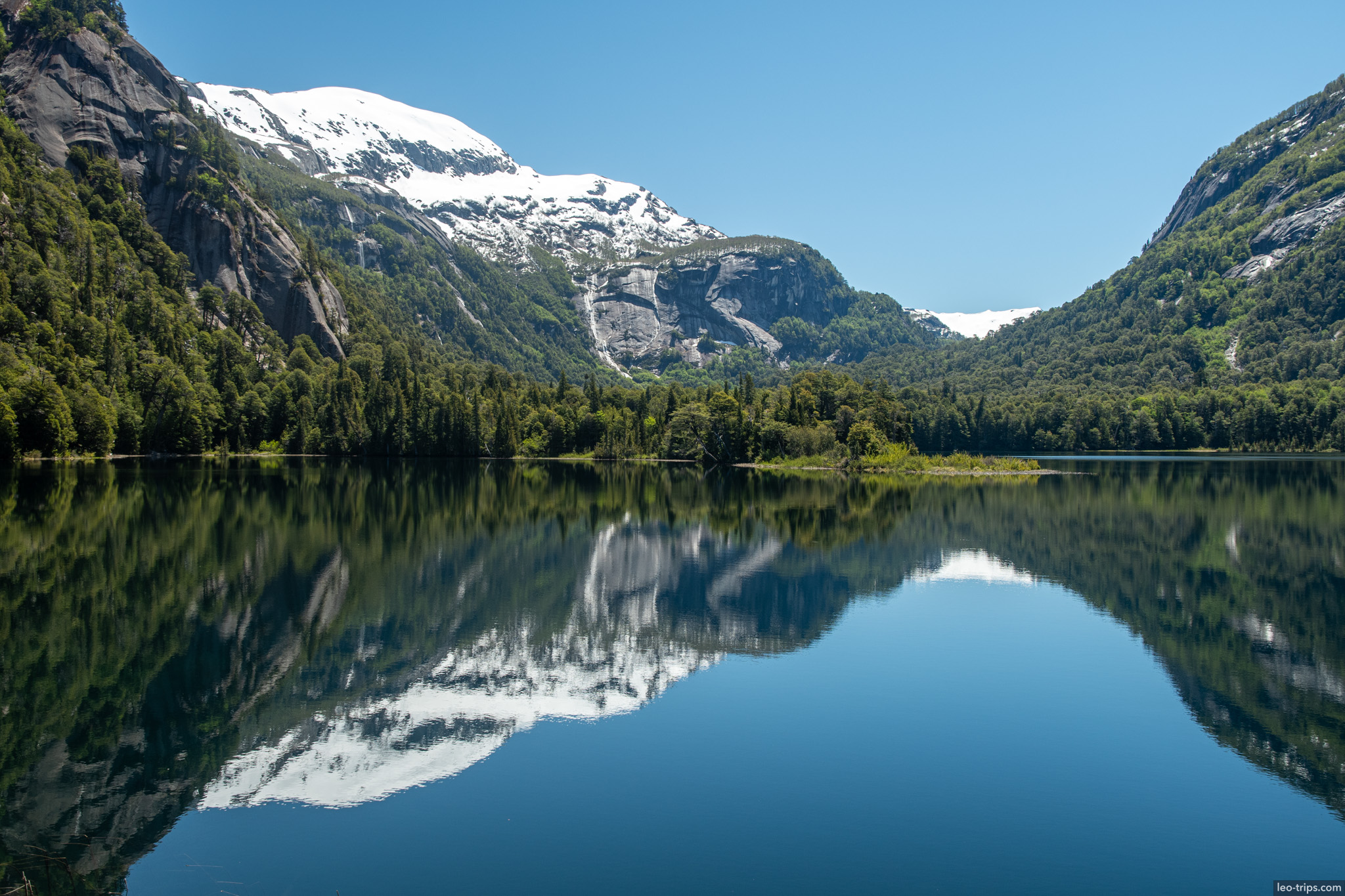 mirror lake with snowy peak reflection puerto blest