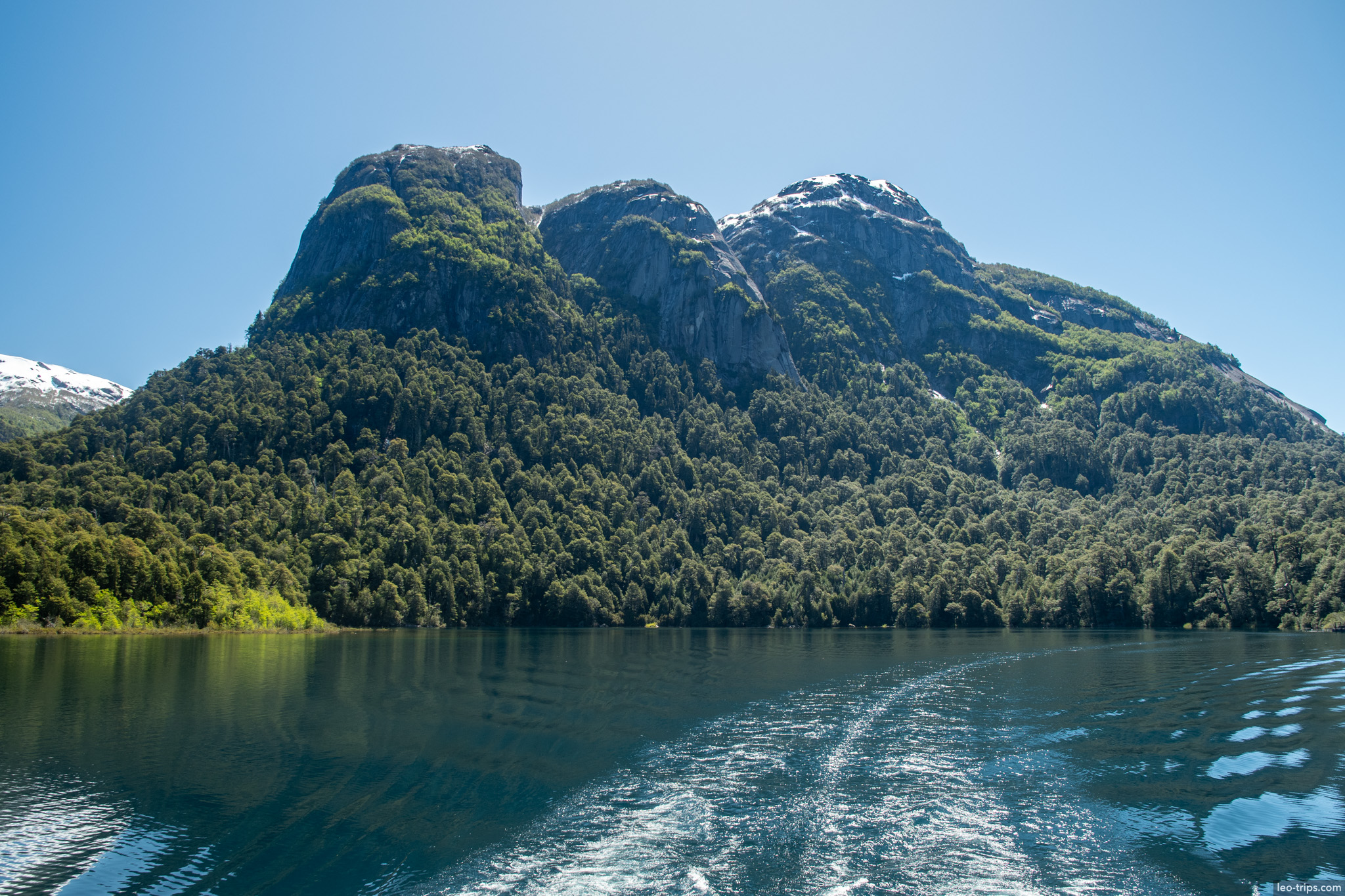 rocky forested peak over lake puerto blest