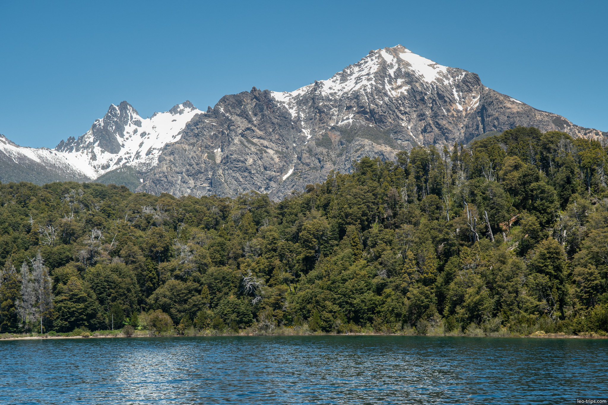 snowy peak above lake forest puerto blest