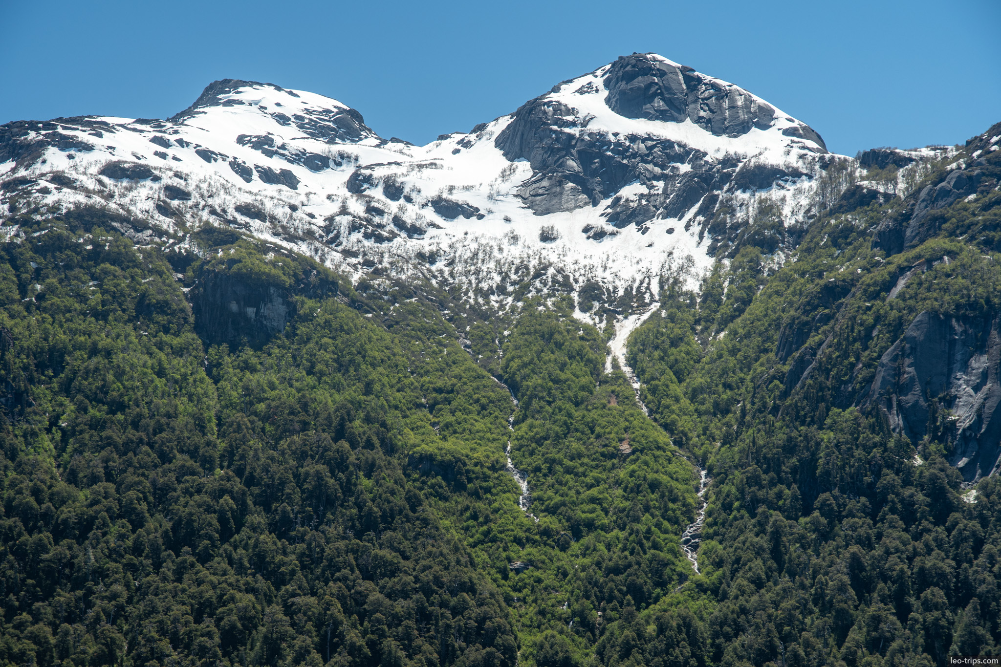 snowy peaks with waterfall streaks puerto blest