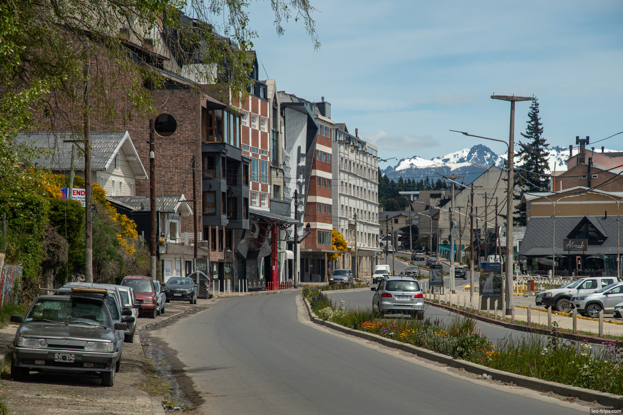 downtown street modern buildings mountains san carlos de bariloche
