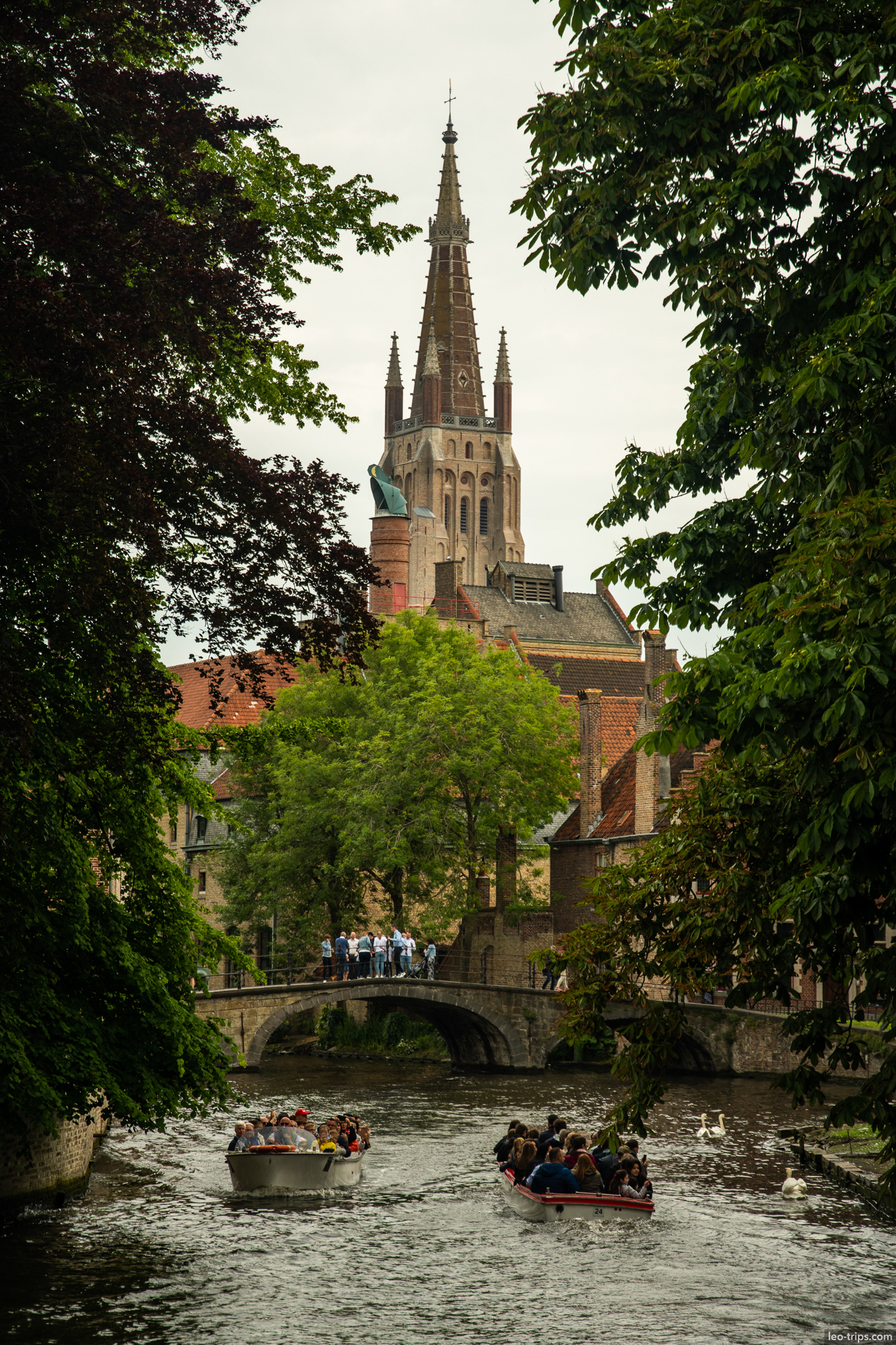 bruges canal tour boats onze lieve vrouwekerk trees bruges