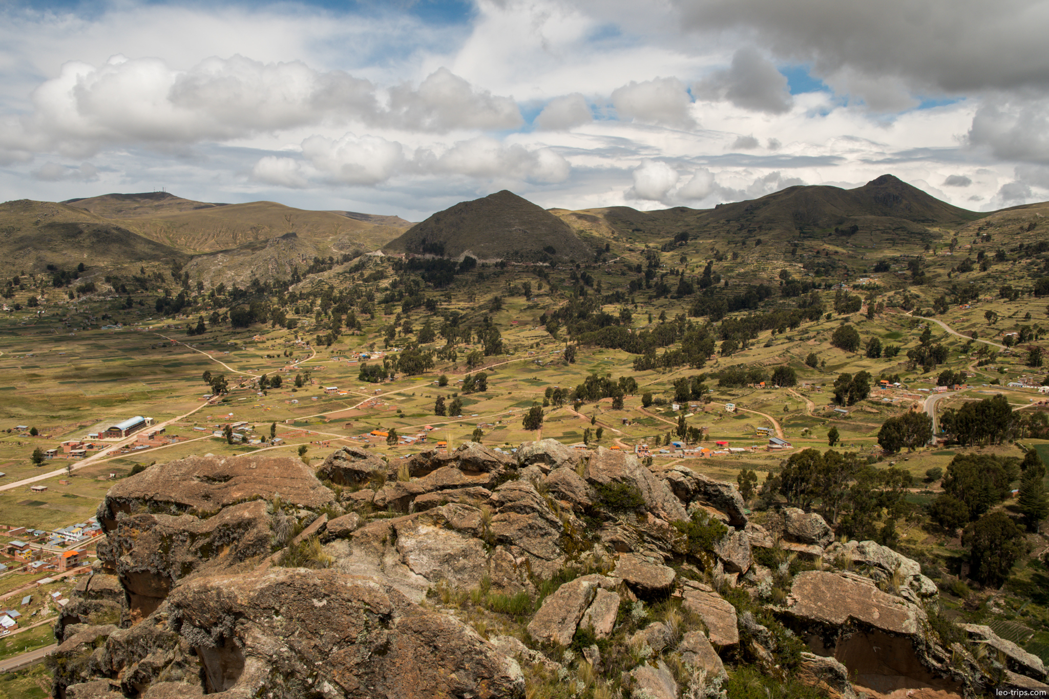 bolivian altiplano valley panorama from hill copacabana