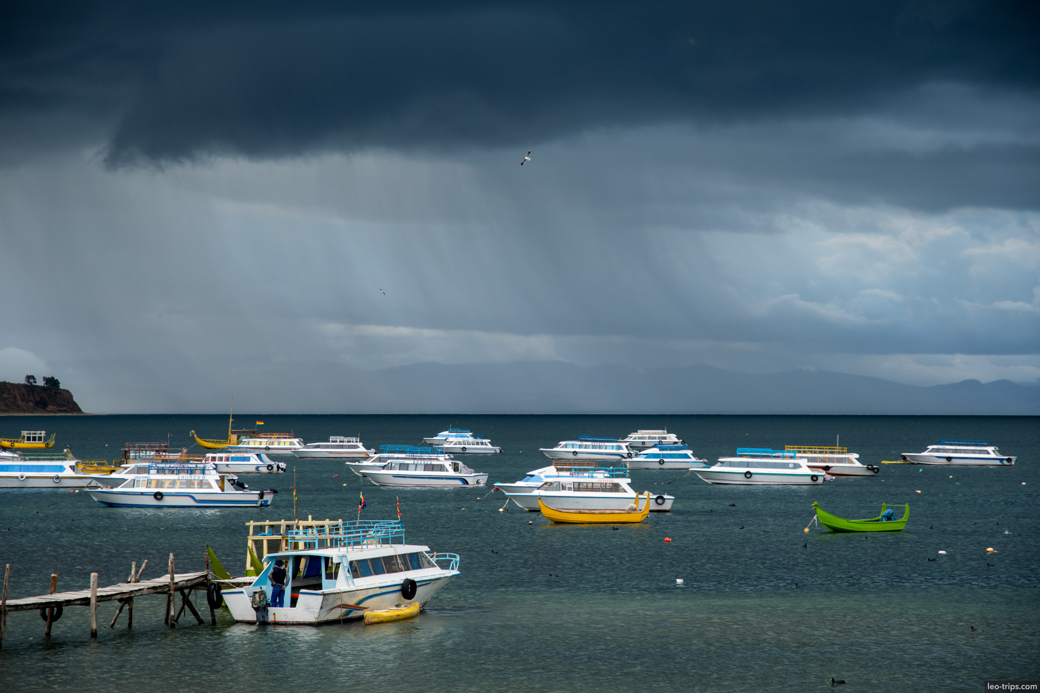 lake titicaca stormy harbor boats copacabana