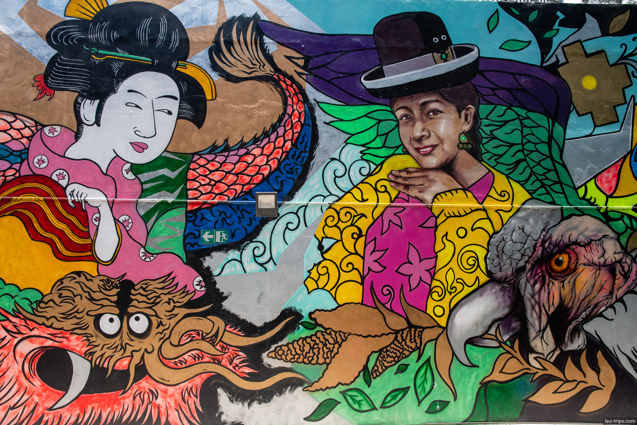 la paz street art mural geisha cholita dragon la paz