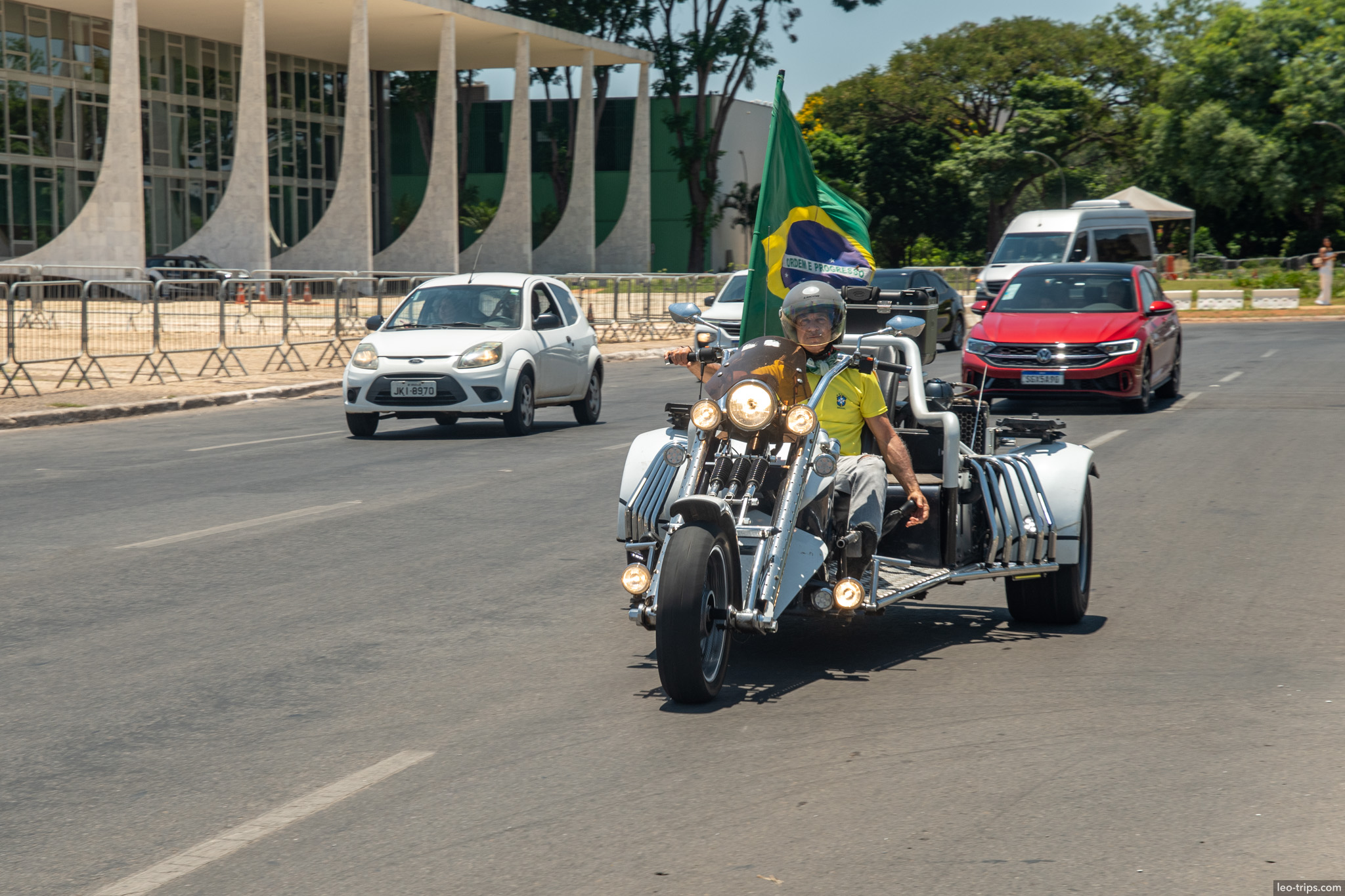 trike with brazilian flag supreme court columns brasilia