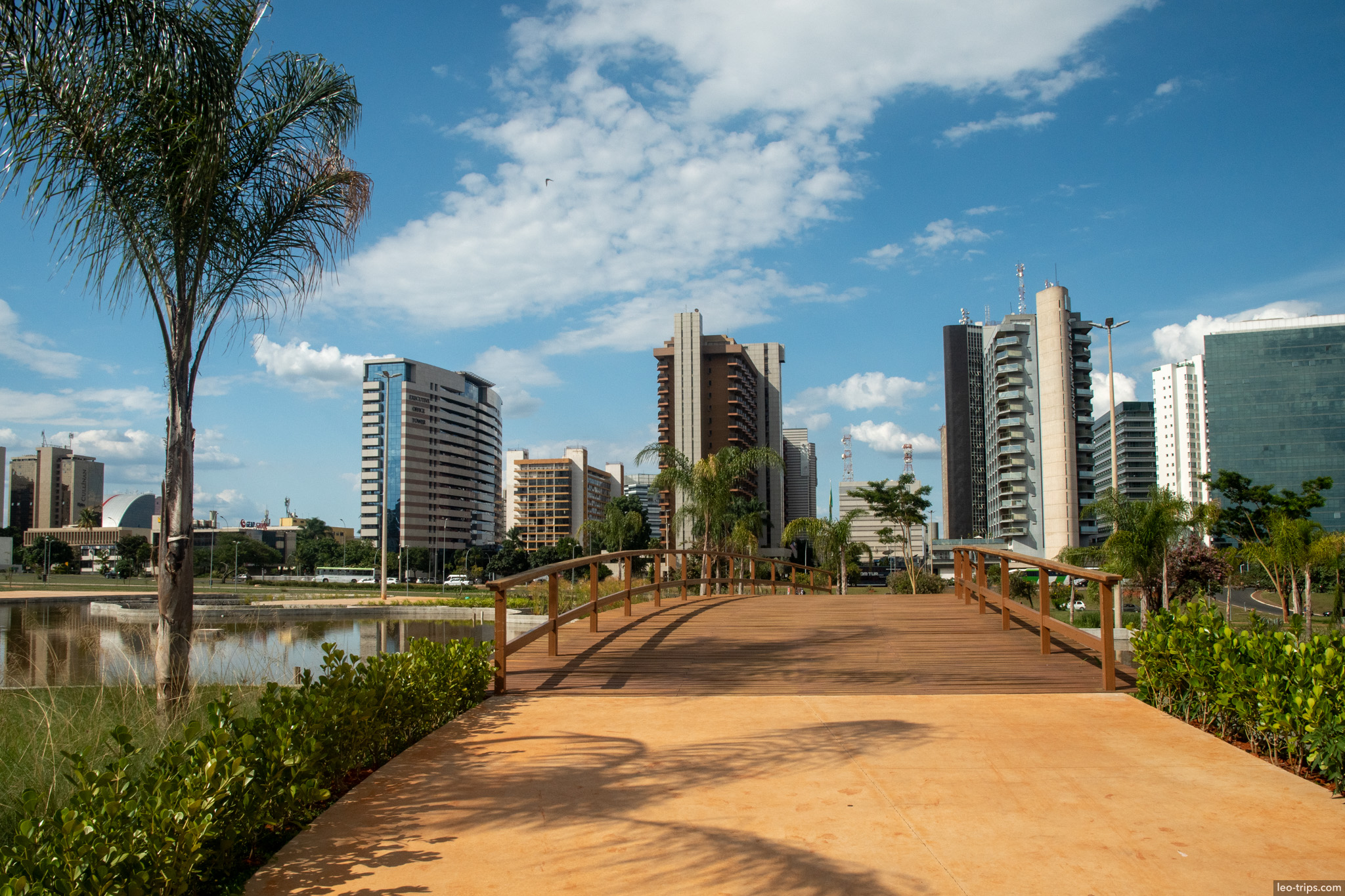 wooden footbridge pond hotel sector high rises brasilia