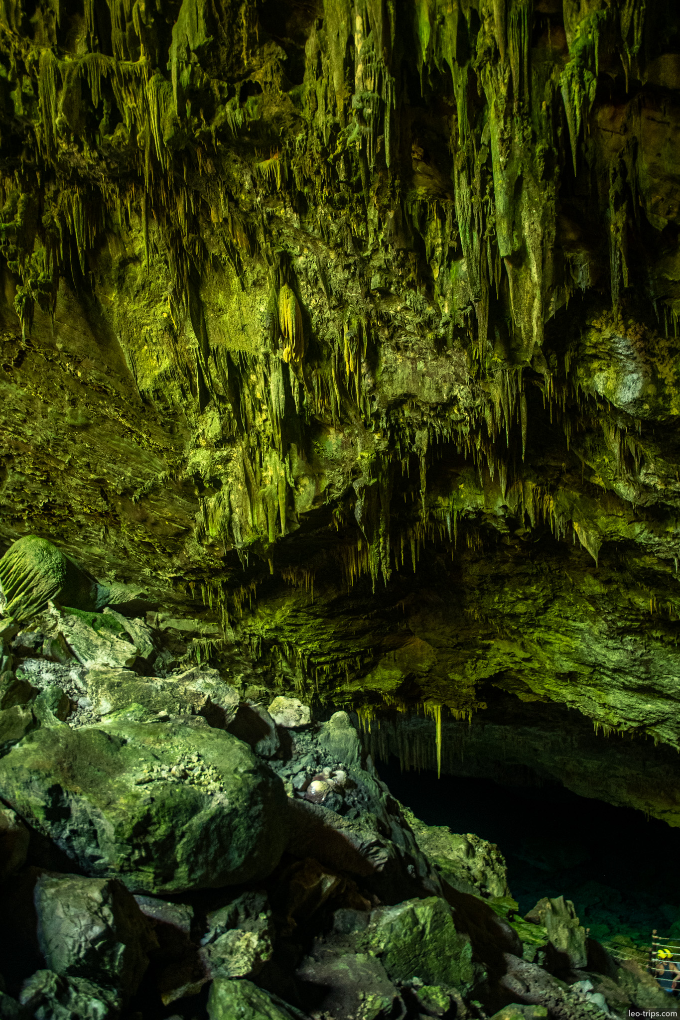 green lit stalactite ceiling above boulders gruta do lago azul gruta do lago azul