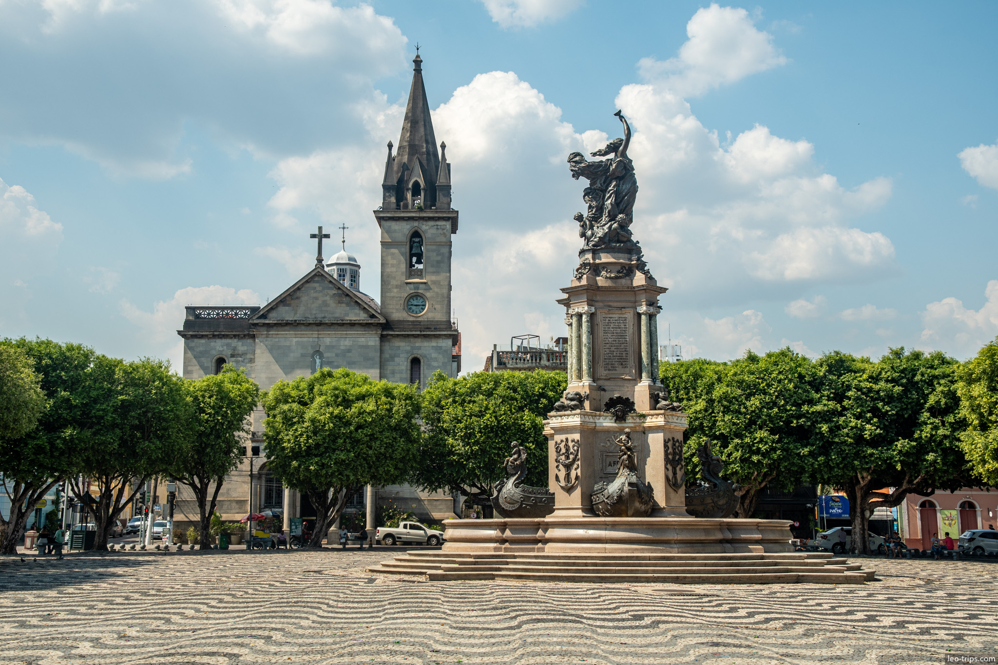 The historic Church of São Sebastião (Igreja de São Sebastião) and the Monument to the Opening of the Ports located in the main square.
