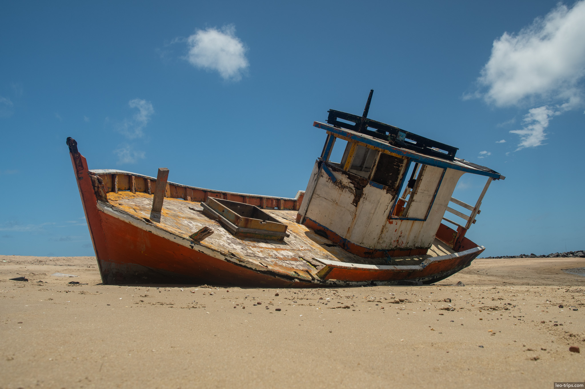 abandoned wooden fishing boat on sandy beach olinda olinda