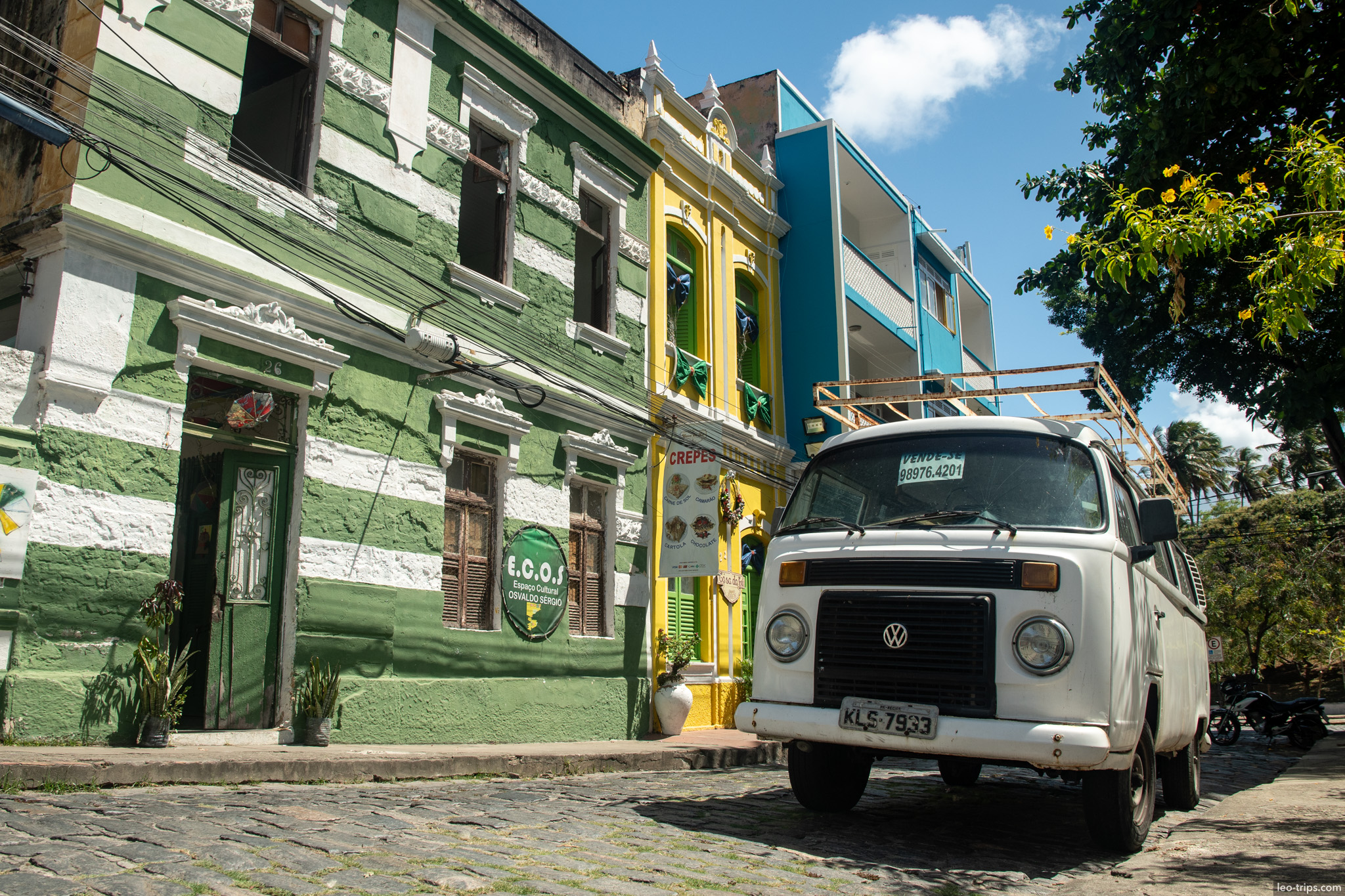vintage vw t2 van colorful colonial buildings cobblestone olinda olinda