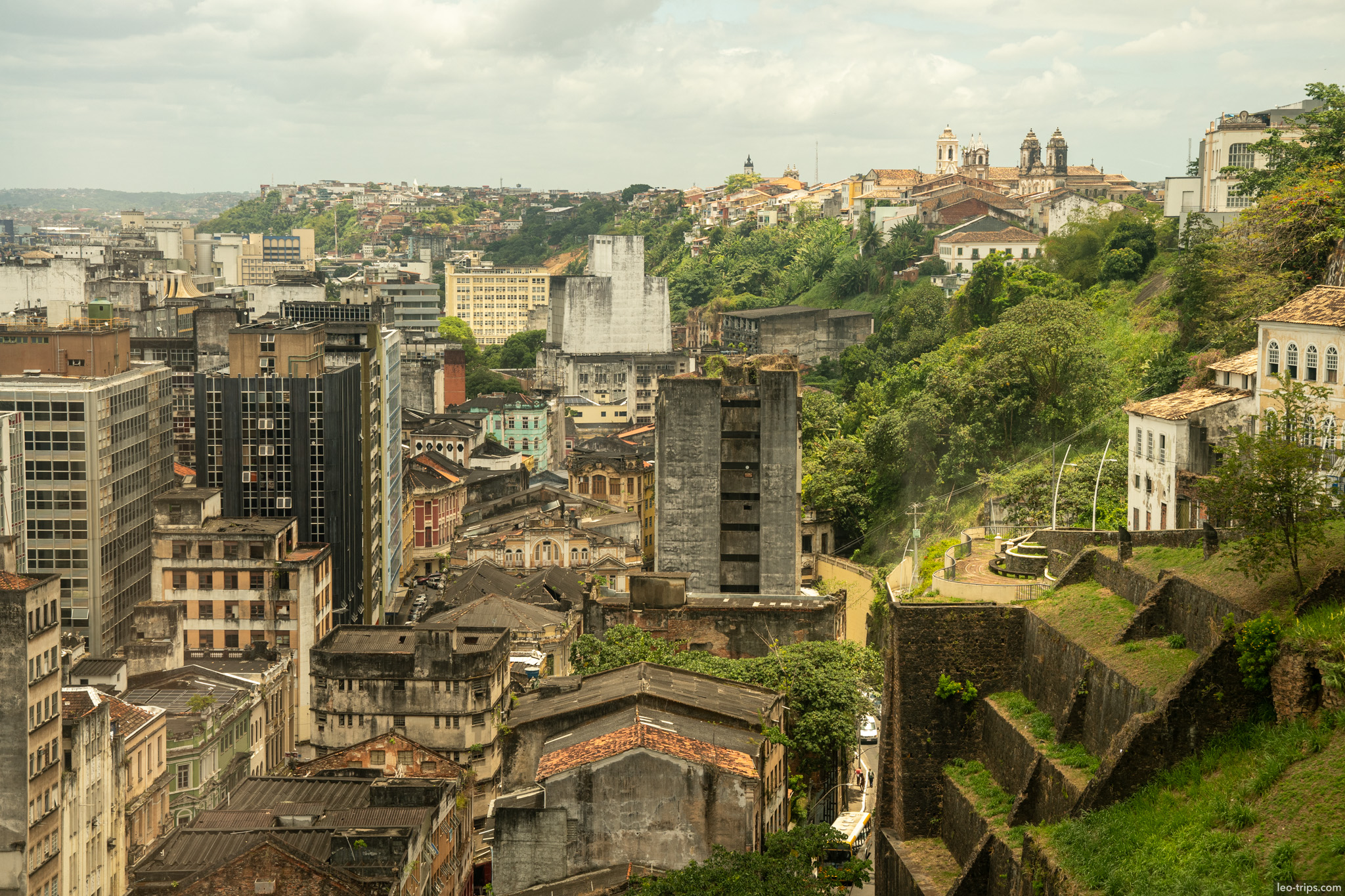 aerial old city rooftops fort hillside salvador salvador