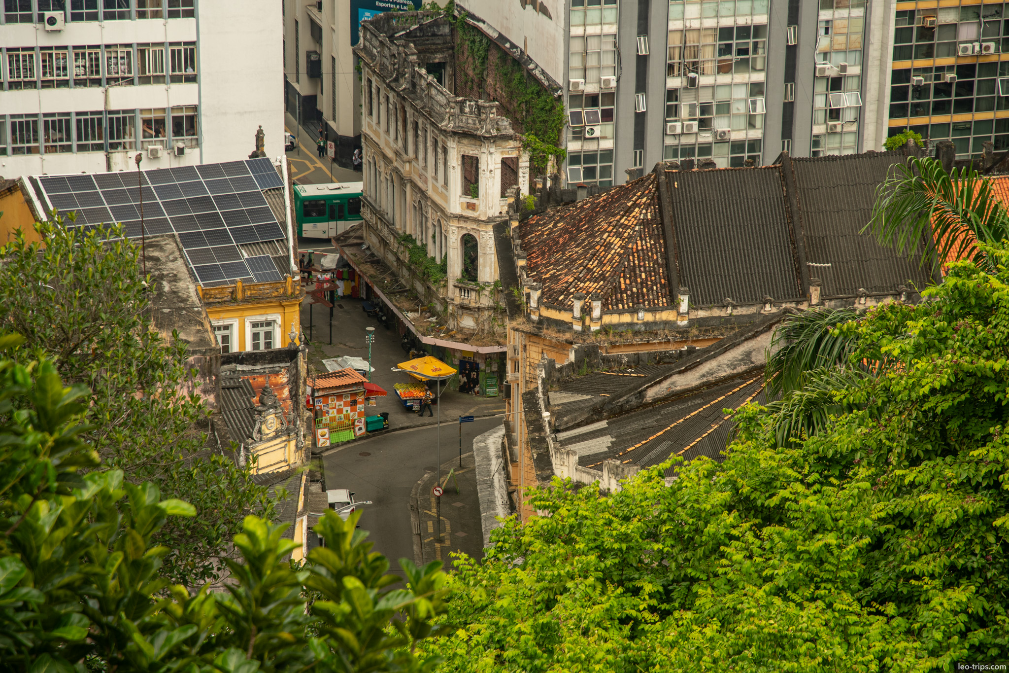 aerial view old street solar panels food cart salvador salvador