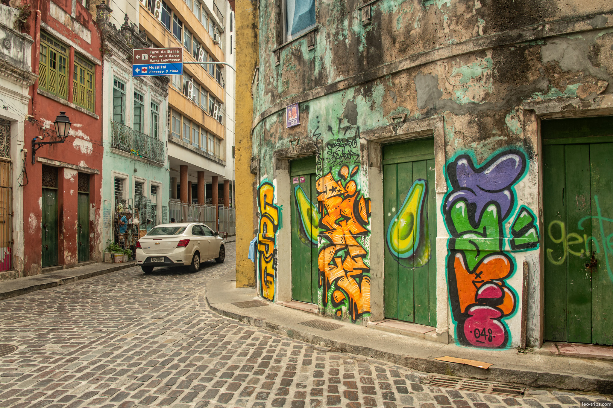 colorful graffiti green doors cobblestone corner salvador salvador