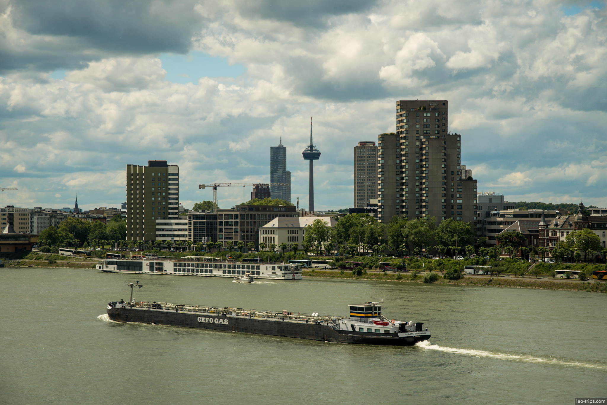 cologne rhine river cargo barge colonius tower skyline cologne