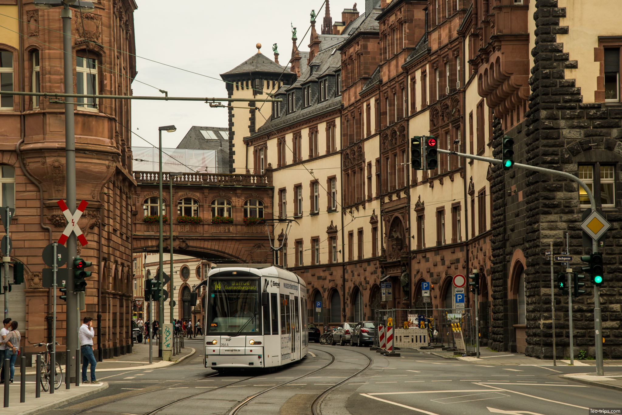 white tram line14 near romer bridge frankfurt