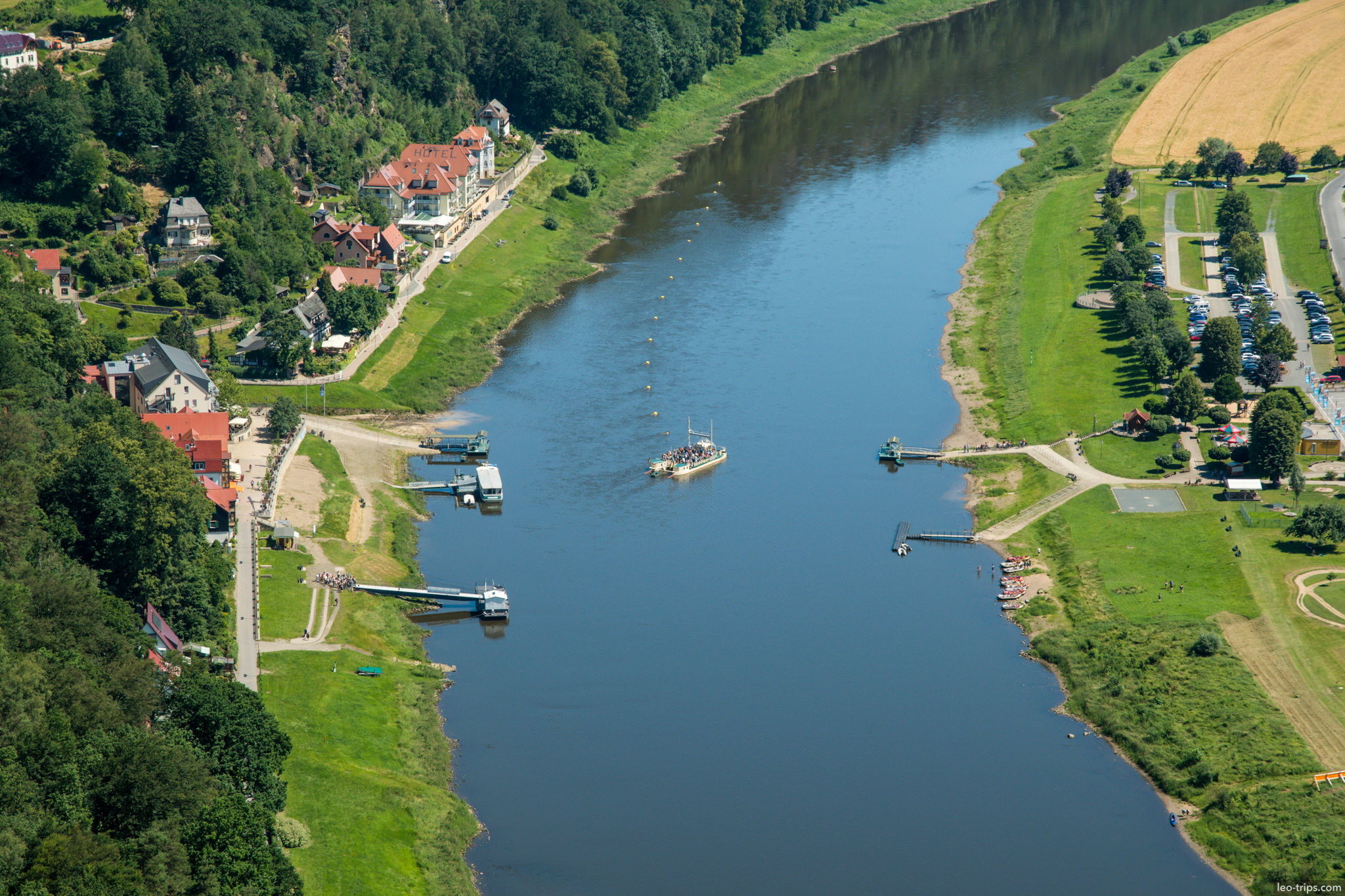 rathen elbe river ferry crossing aerial saxon switzerland national park