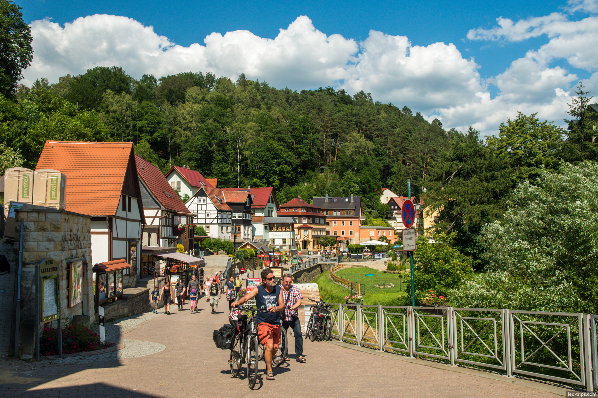 rathen village cyclists tourists street saxon switzerland national park