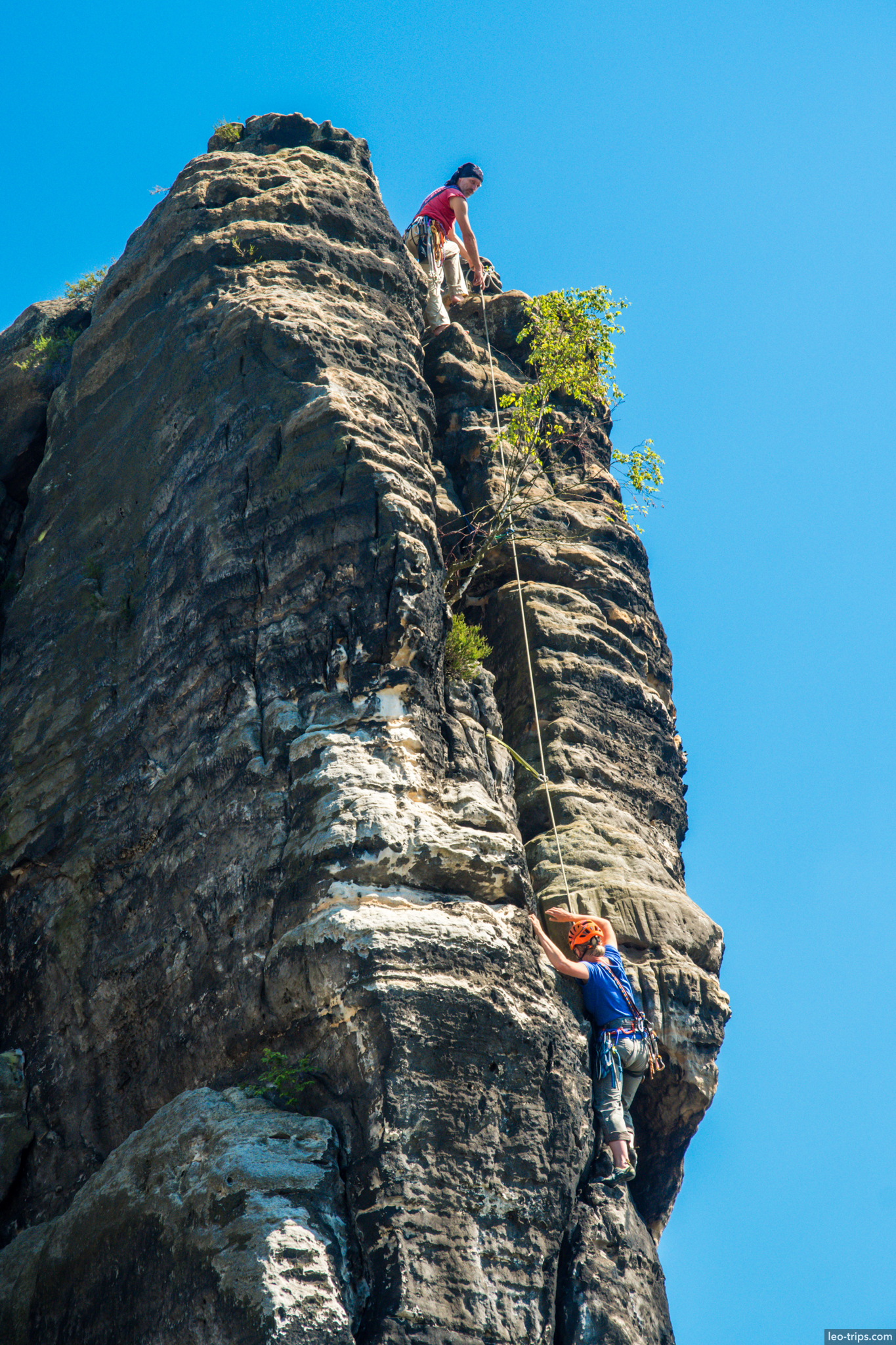 rock climbers sandstone pillar bastei saxon switzerland national park