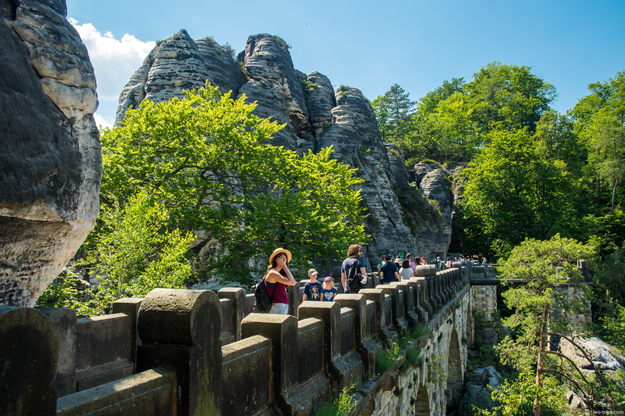 tourists walking bastei bridge sandstone rocks saxon switzerland national park