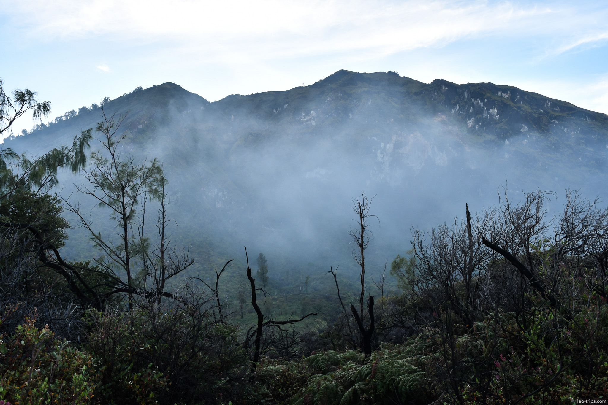 misty volcanic ridge with sparse forest ijen ijen lake