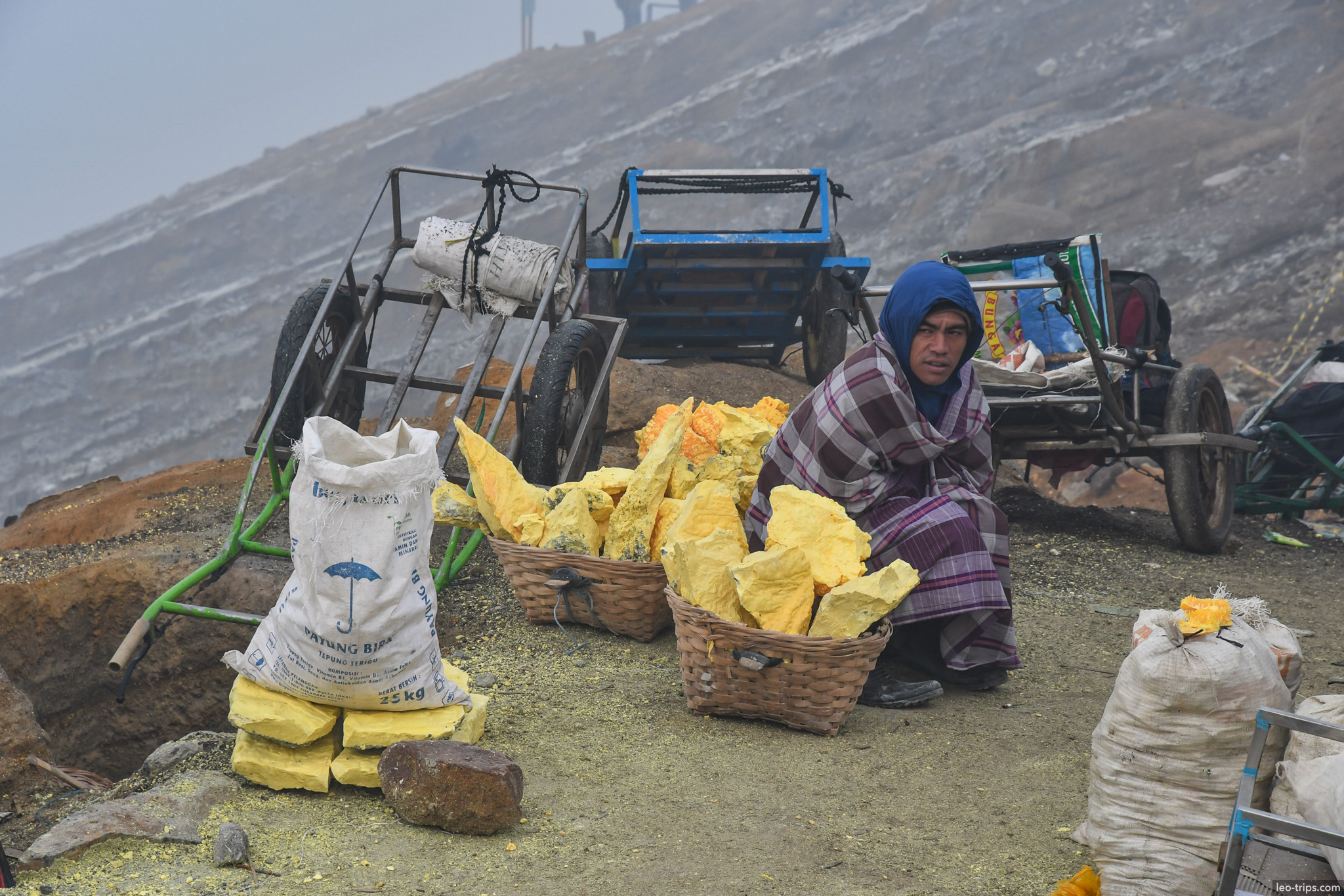 sulfur miner resting with baskets and carts ijen ijen lake