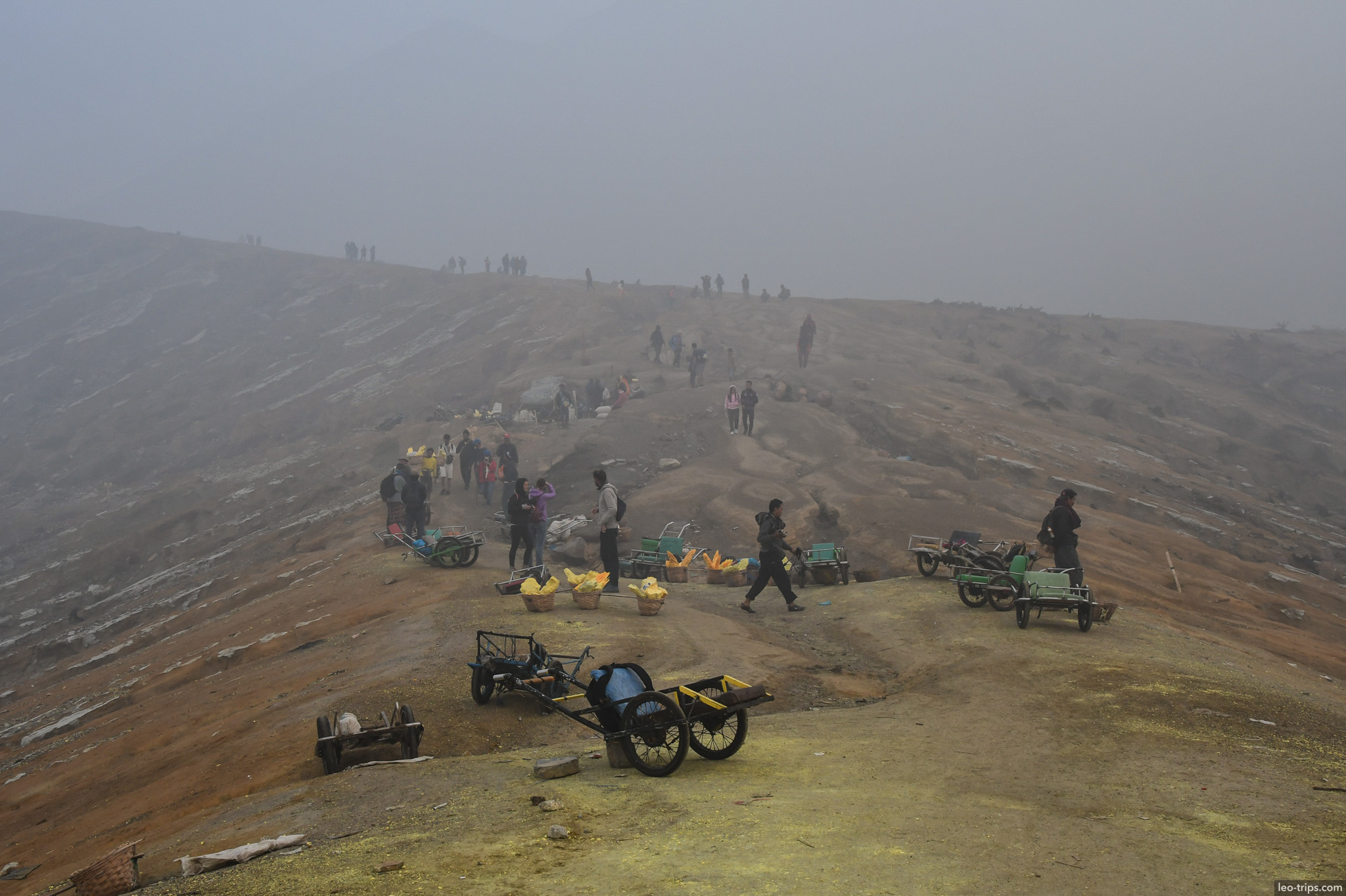sulfur mining camp with carts and workers ijen ijen lake