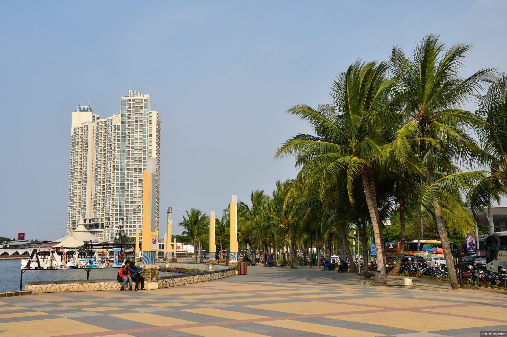ancol beach promenade palm trees jakarta jakarta