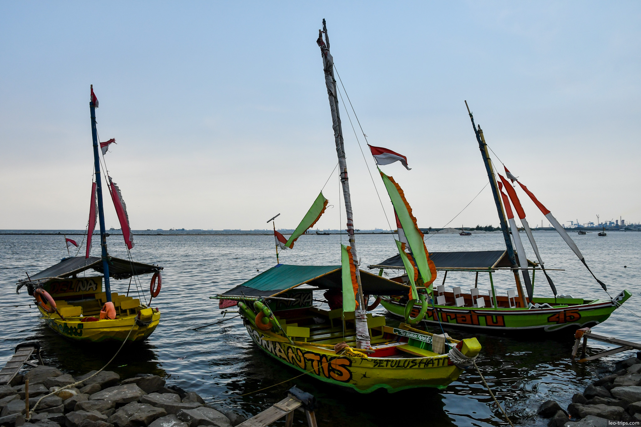 colorful traditional boats moored ancol jakarta jakarta