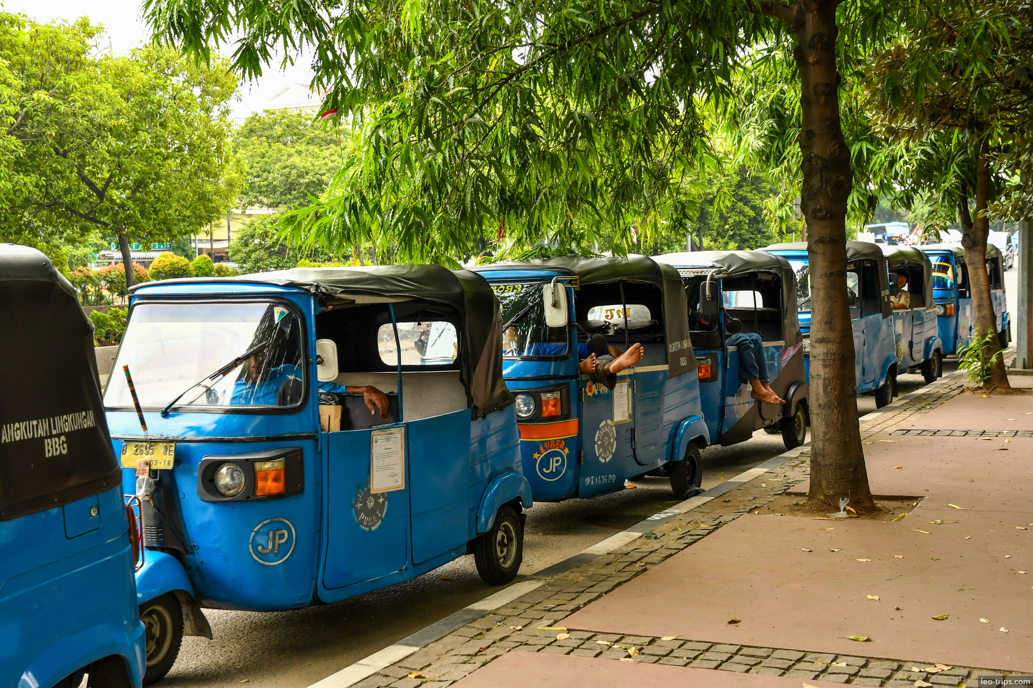 row of blue bajaj tuk tuks jakarta jakarta