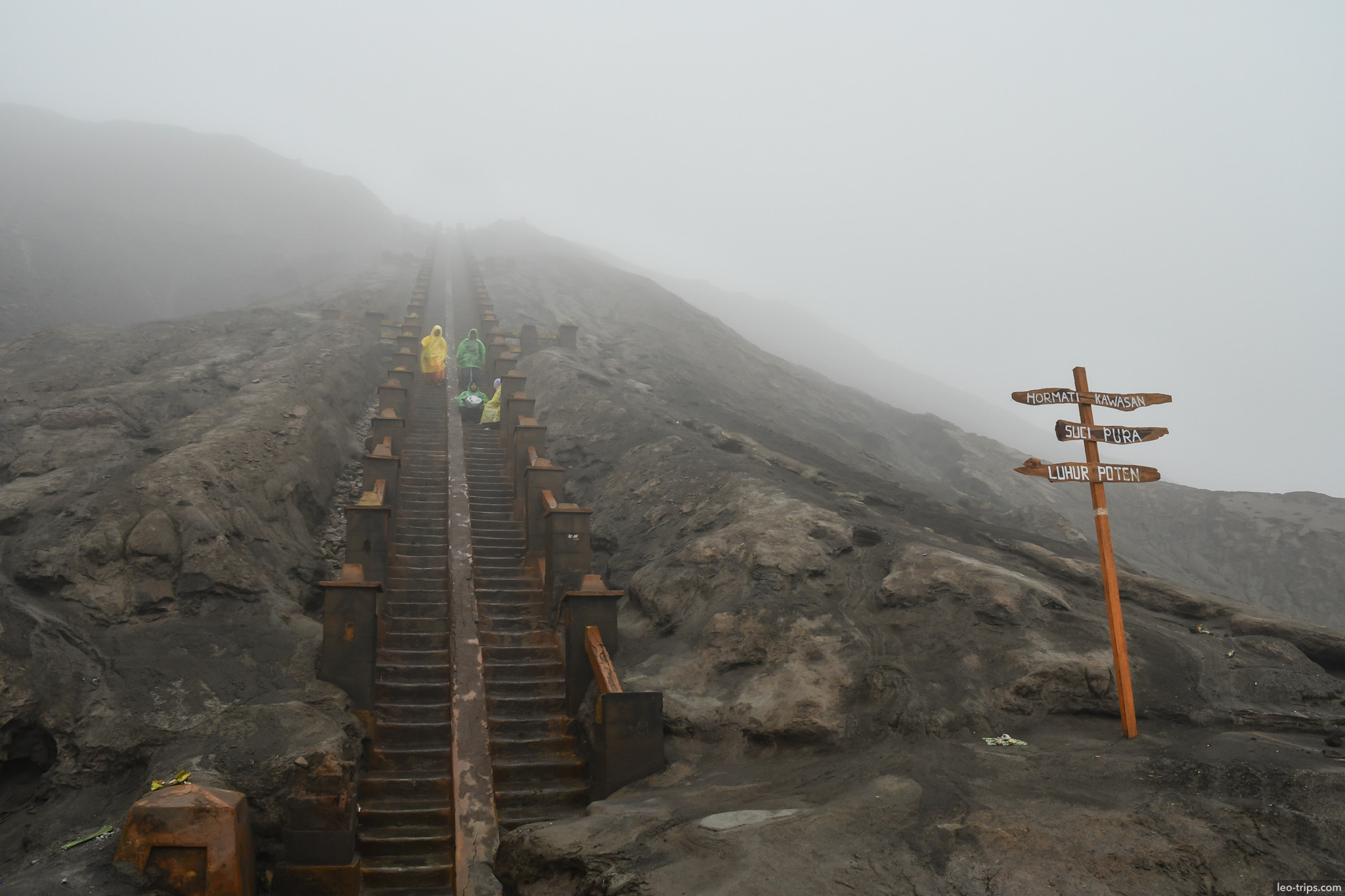 stairway to bromo crater in fog mount bromo