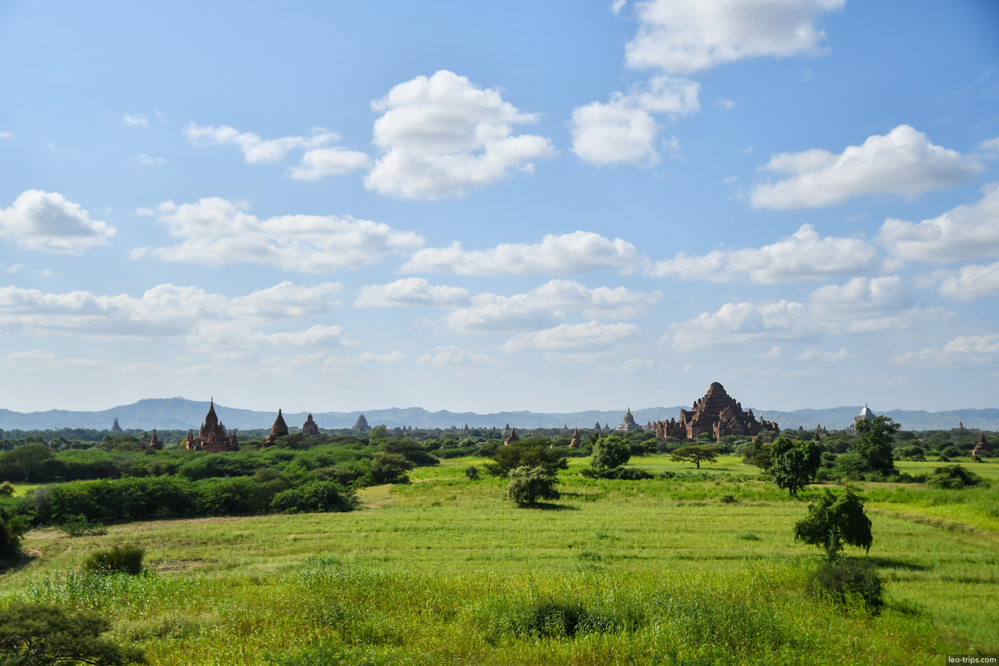 wide panorama temples dotting green plain bagan bagan
