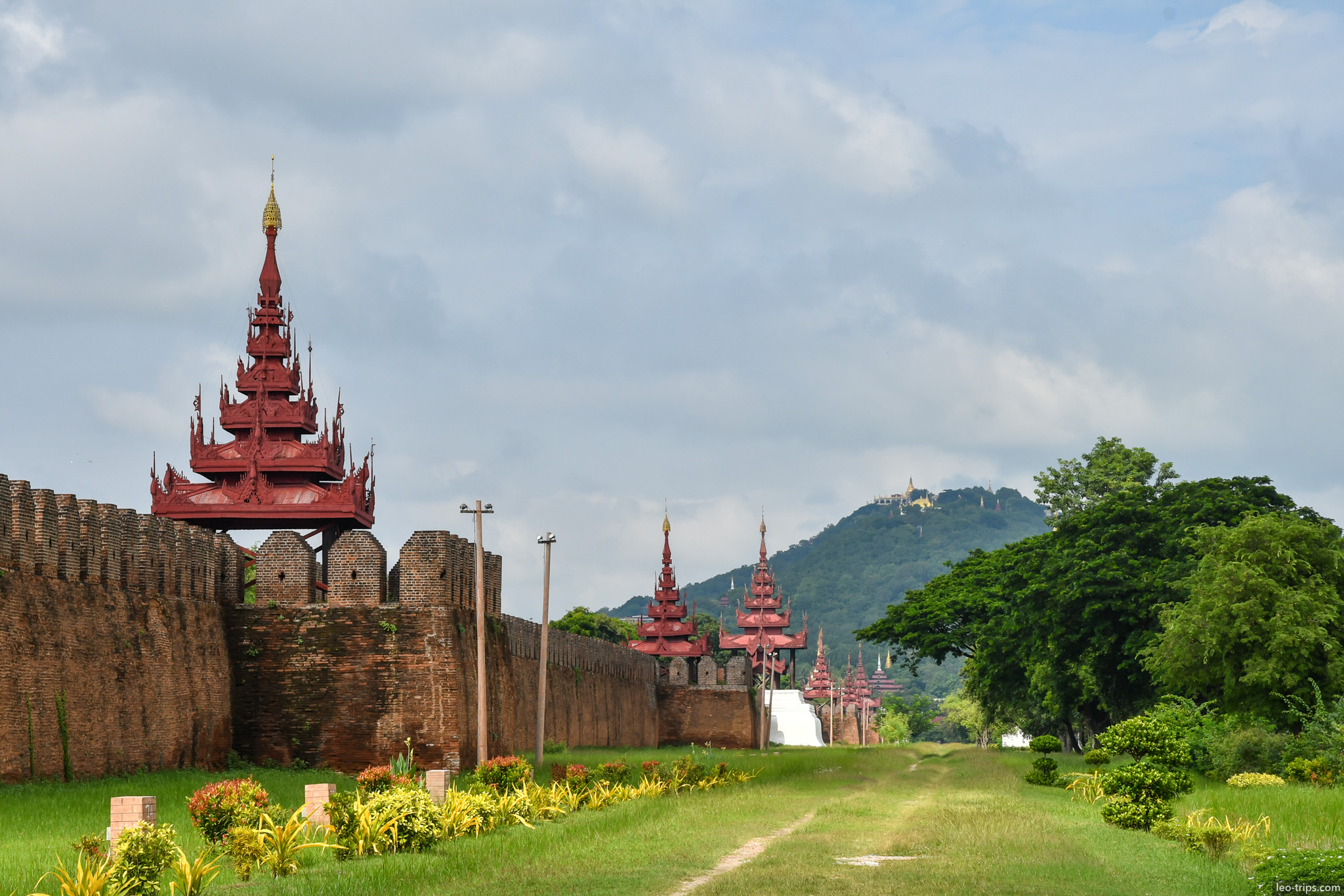 mandalay palace brick wall red roof watchtowers mandalay