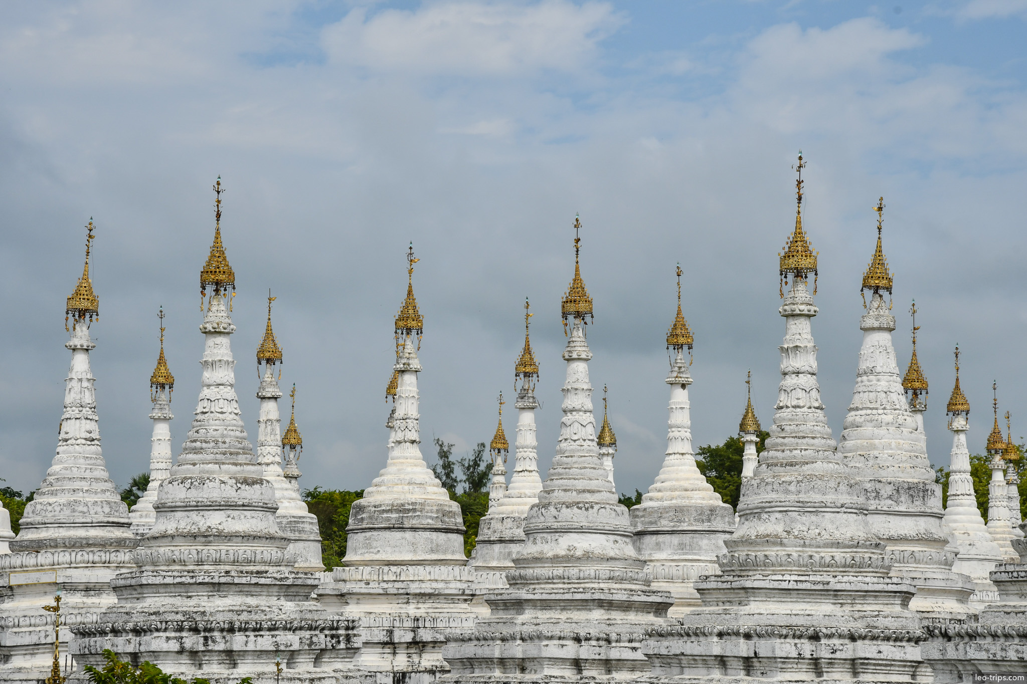 sandamuni pagoda white gold stupas closeup mandalay