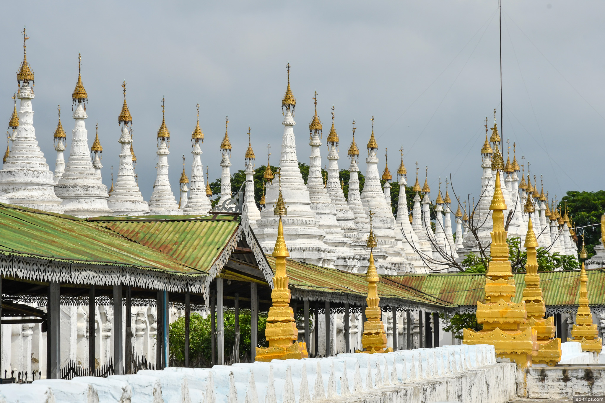 sandamuni pagoda white gold stupas overcast mandalay