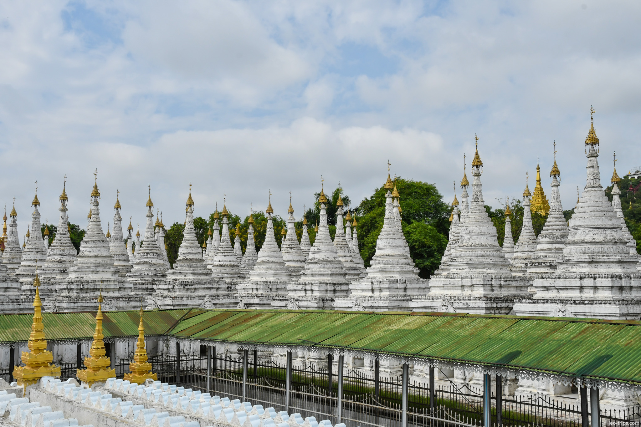 sandamuni pagoda white stupas green roof pavilion mandalay