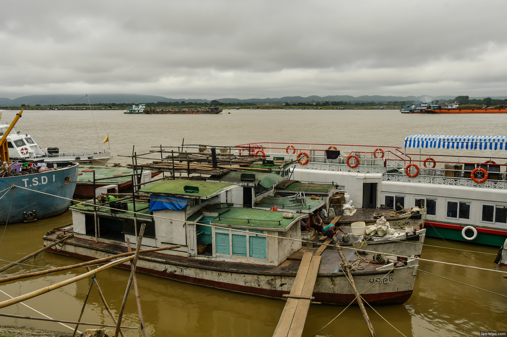wooden boats docked irrawaddy river mandalay mandalay