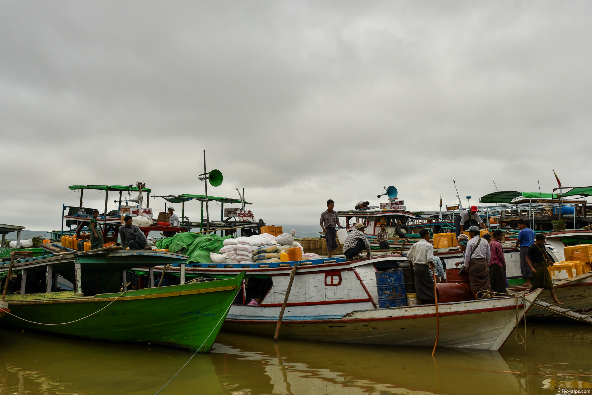 wooden cargo boats loading irrawaddy port mandalay