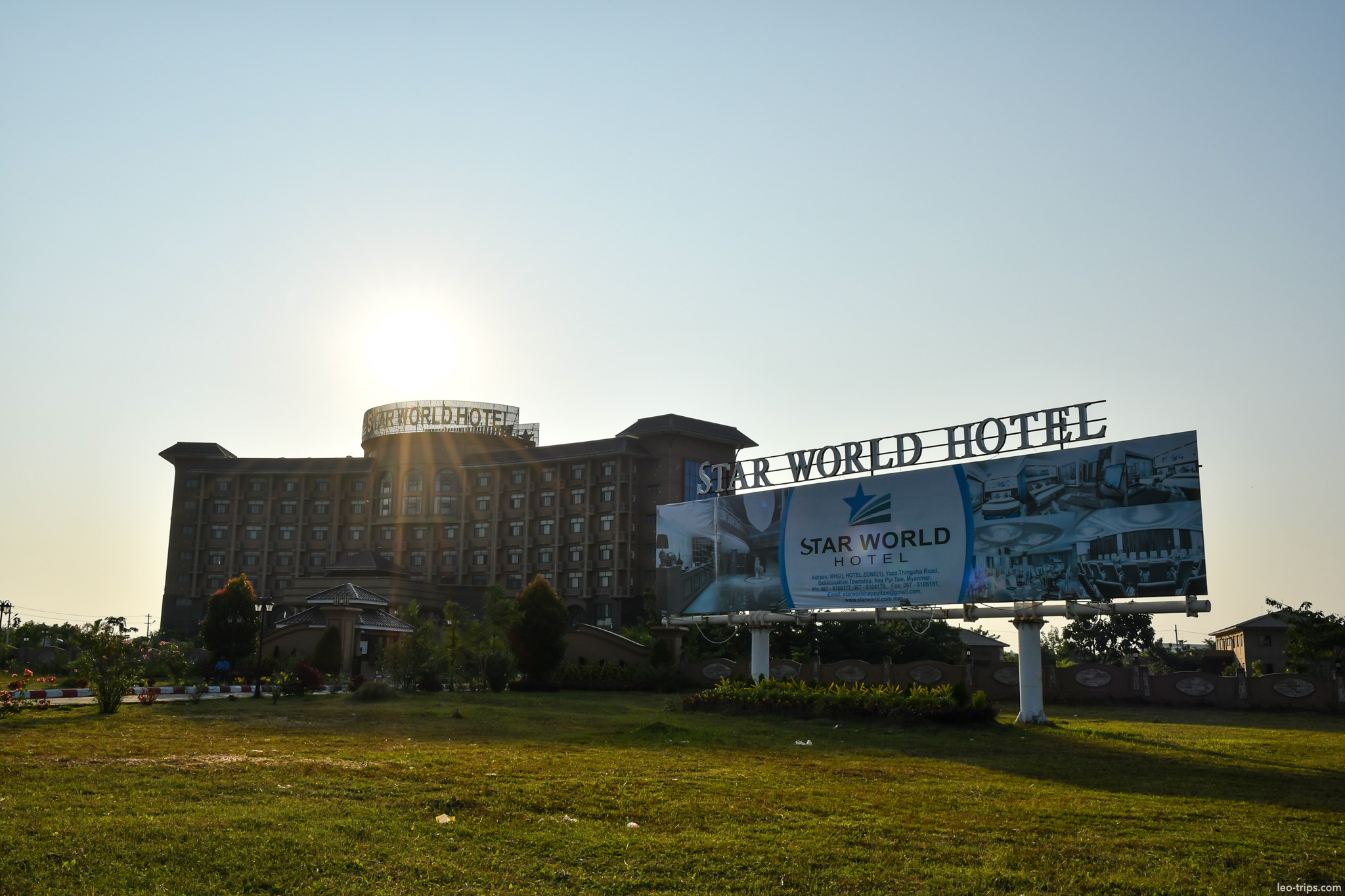 large hotel building backlit at sunset naypyidaw naypyidaw