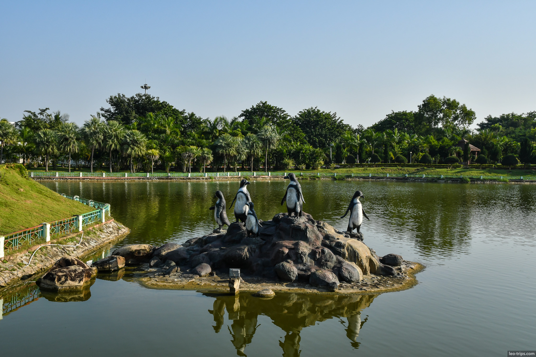 penguin statues on rock island in lake naypyidaw naypyidaw