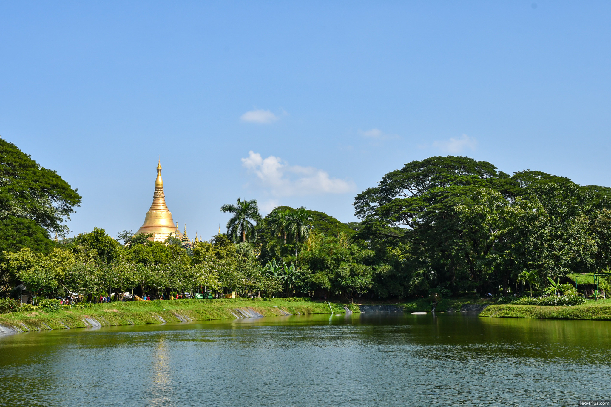 shwedagon pagoda golden stupa view from park lake yangon