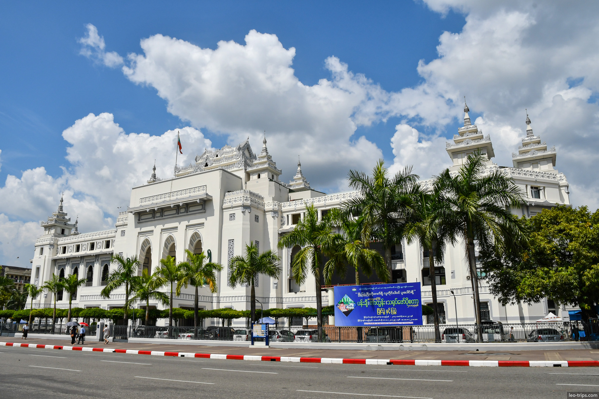 yangon city hall white burmese style architecture palms yangon