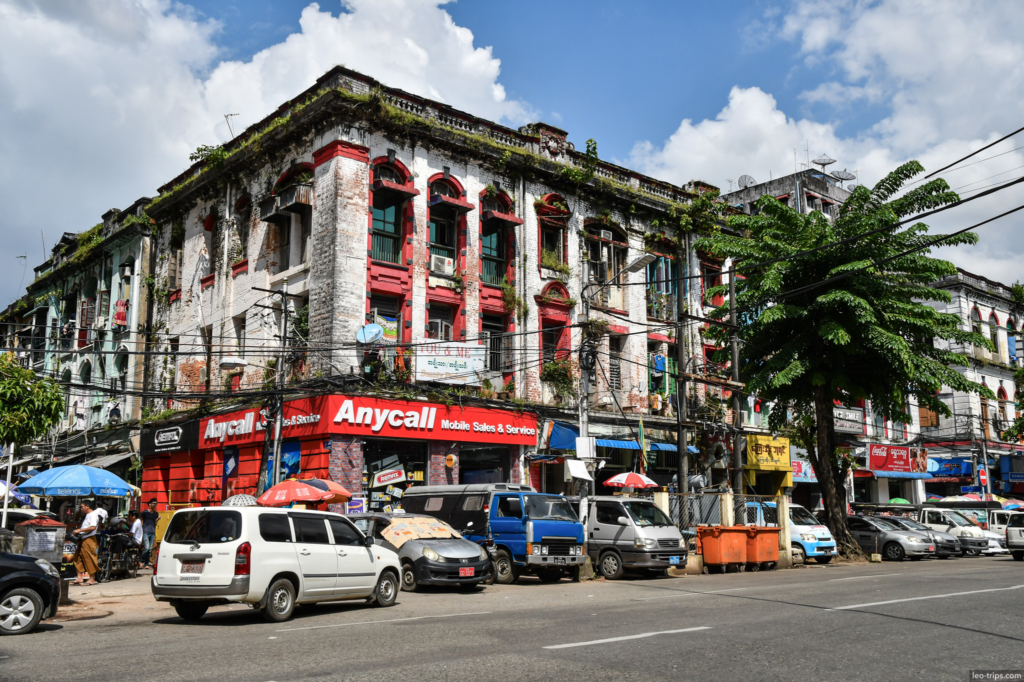 yangon colonial building crumbling facade downtown street yangon