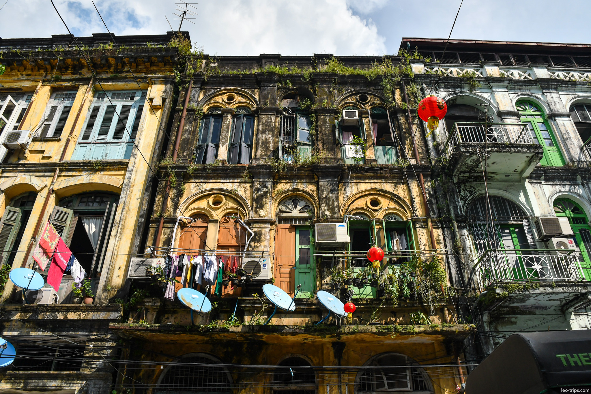yangon colonial shophouses chinatown red lanterns balconies yangon