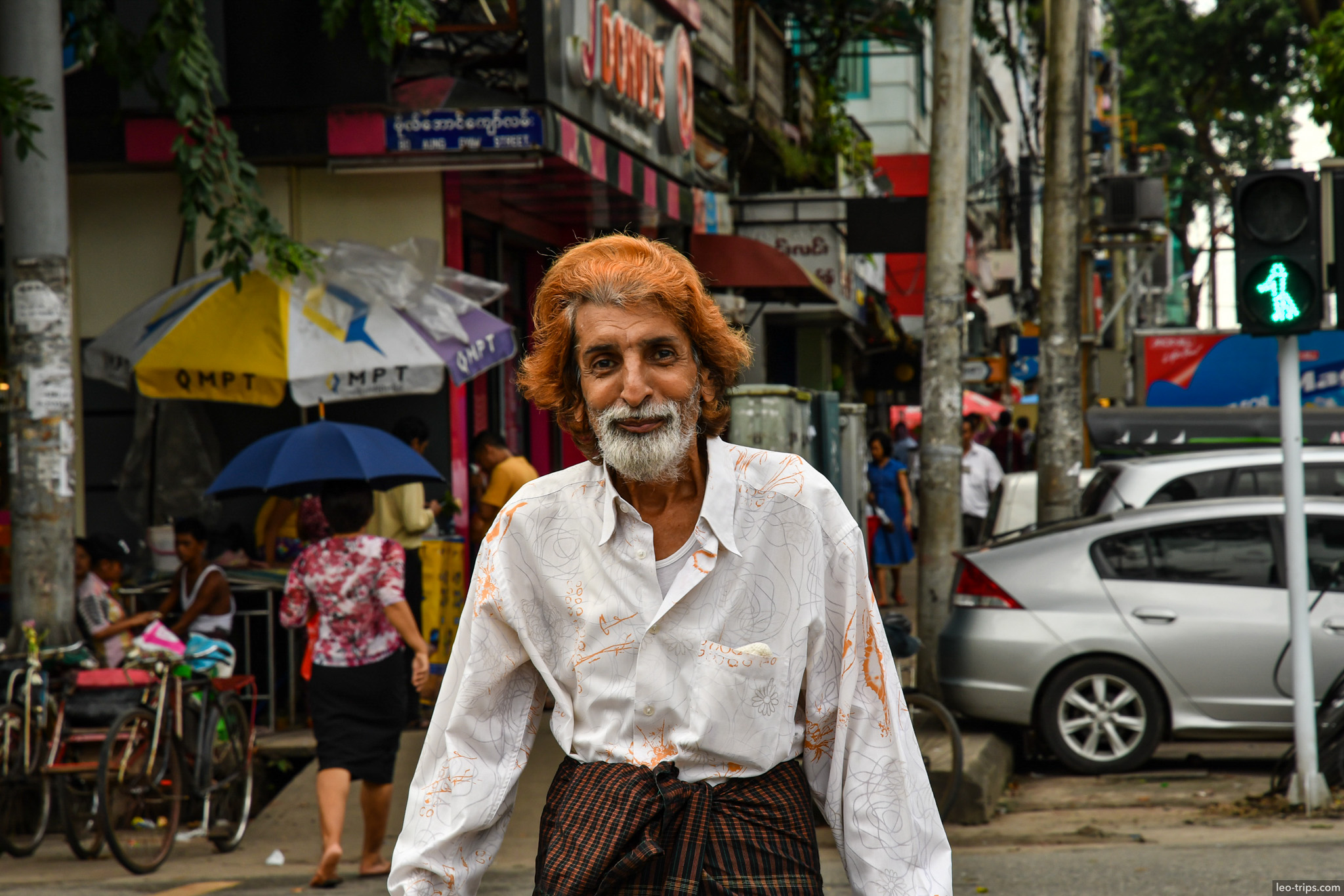 yangon elderly man dyed hair street portrait downtown yangon