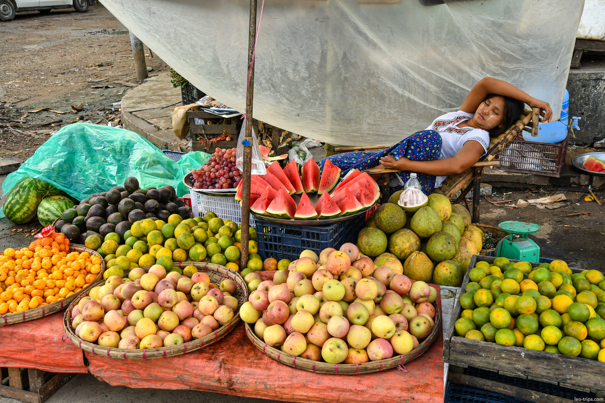 yangon fruit vendor sleeping market stall watermelon yangon
