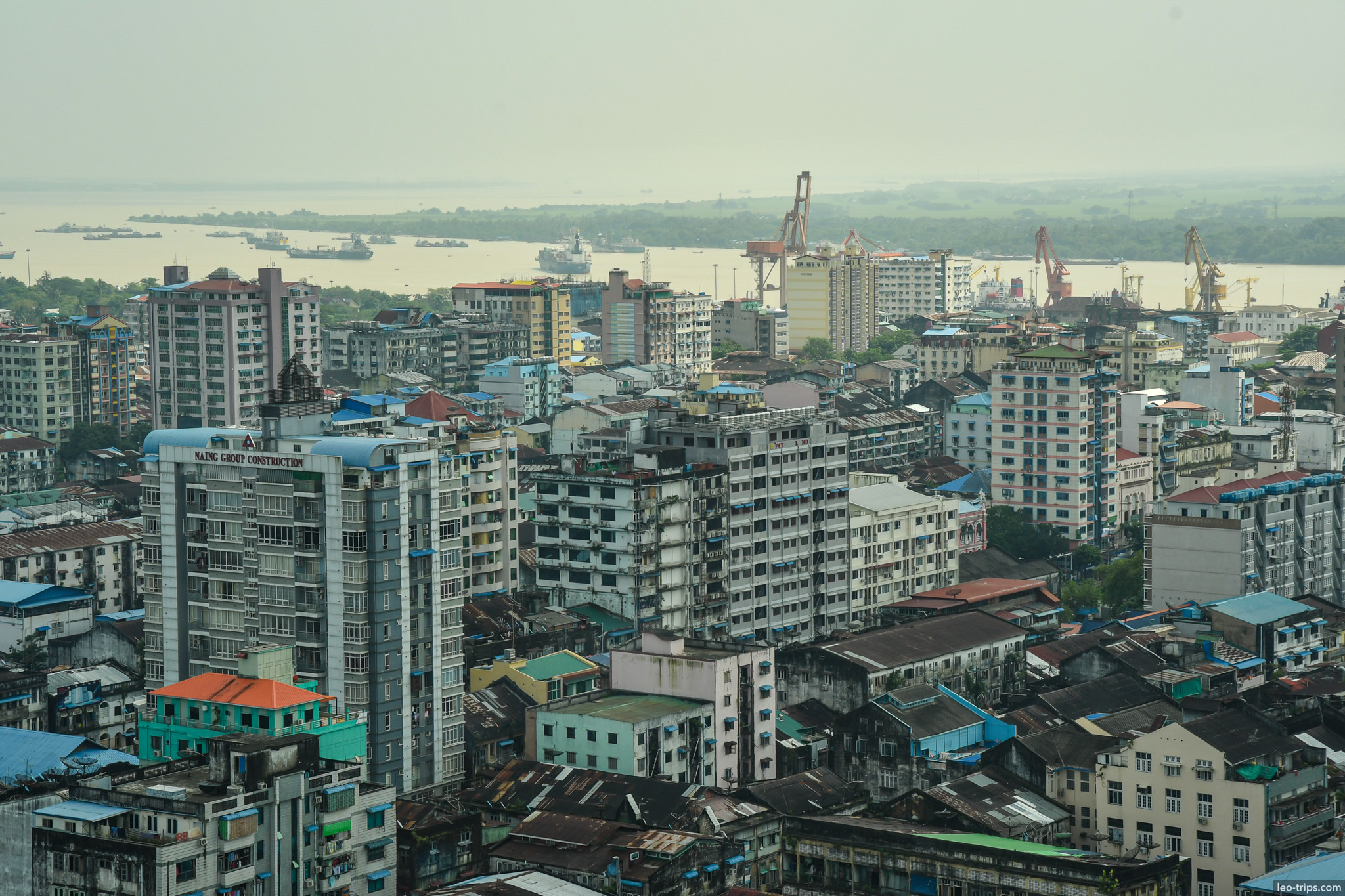 yangon riverfront port cranes aerial view yangon