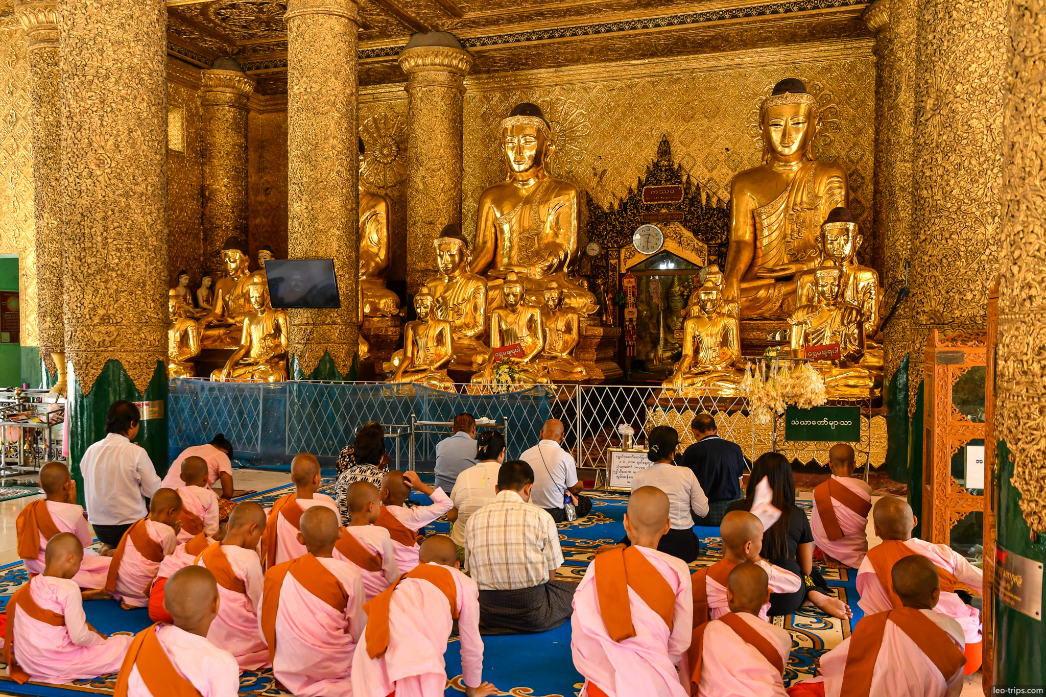 yangon shwedagon pagoda nuns monks praying golden buddhas yangon