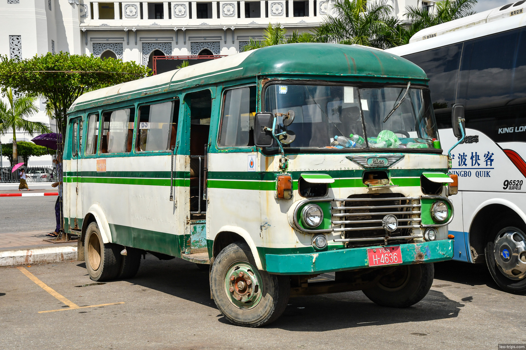yangon vintage green white bus colonial building background yangon